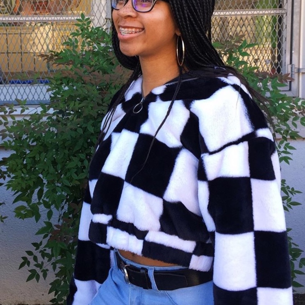 Checkered Faux Fur Anorak , jacket, Sweater, Print